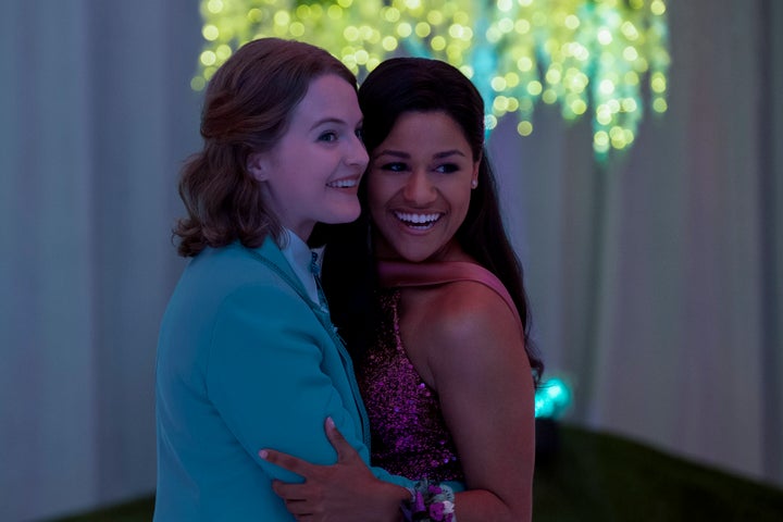 The movie musical follows Emma (Jo Ellen Pellman, left) and Alyssa (Ariana Debose), a teen couple banned from attending their high school prom together.
