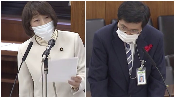 日本共産党の田村智子議員（左）と、内閣法制局の木村陽一第1部長（参議院のインターネット国会中継より）