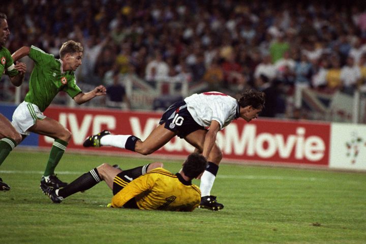 Gary Lineker taking a tumble during a match against Ireland in 1990