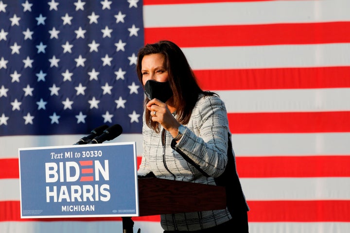 Michigan Gov. Gretchen Whitmer introduces Democratic vice presidential nominee Sen. Kamala Harris in Detroit in September. A militia was plotting to kidnap Whitmer, according to the FBI.