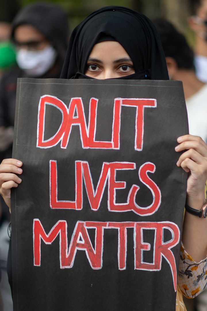 Activists during the protest rally against the UP gang rape outside IIT main gate at Powai, on October 2, 2020 in Mumbai.