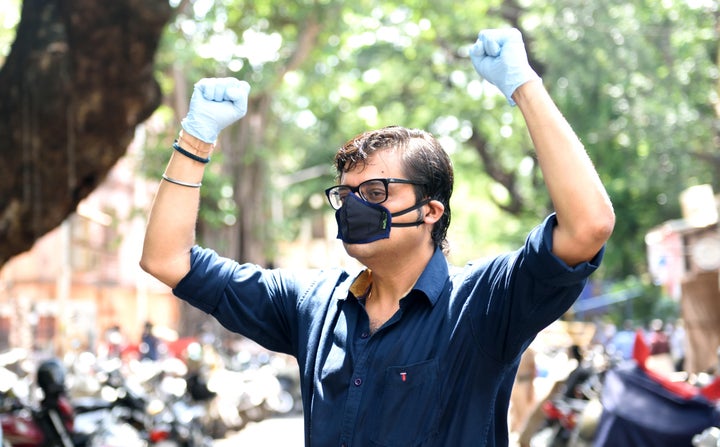 Republic TV editor-in-chief Arnab Goswami appears at NM Joshi Marg police station in connection with an FIR registered against him, on June 10, 2020 in Mumbai.