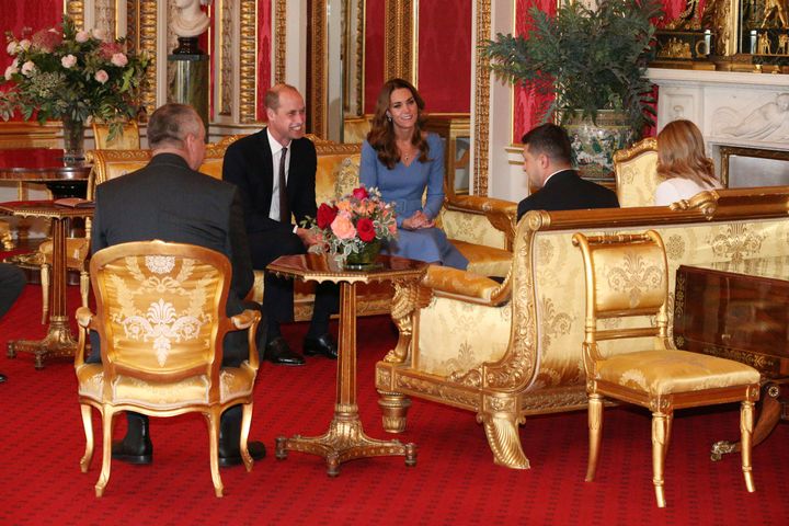 Prince William, Duke of Cambridge and his wife Kate, Duchess of Cambridge talk with Ukraine's President Volodymyr Zelensky and his wife Olena during an audience at Buckingham Palace on Wednesday.