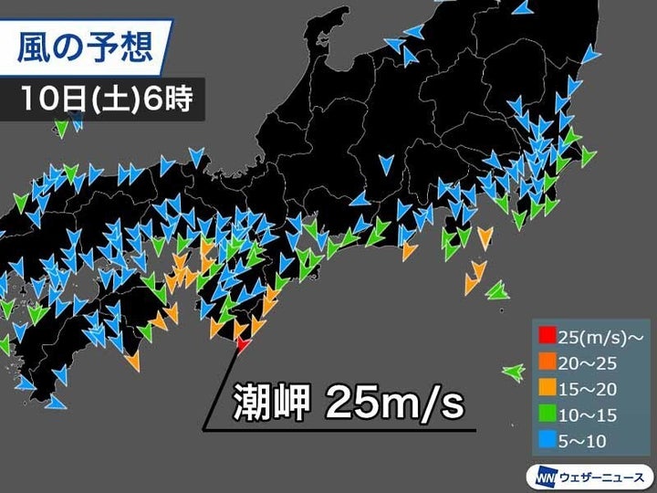 10日(土)朝の風速の予想