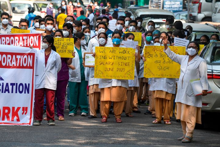 Resident doctors and nursing staff of Hindu Rao Hospital during a protest demanding their salaries be paid on time, in New Delhi on October 9, 2020.