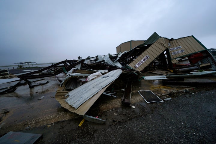 A business destroyed from Hurricane Laura lies in pieces, Thursday, Oct. 8, 2020, in Cameron, La., in advance of Hurricane De