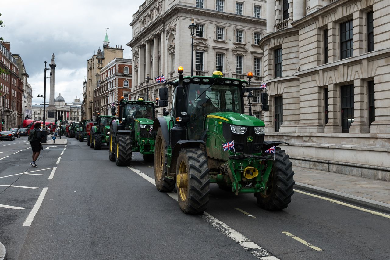 Farmers from across the country drive tractors, trucks and cars across central London in a protest against the Agriculture Bill on July 8, 2020.