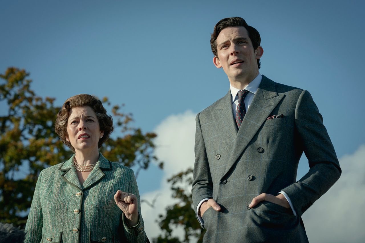 Josh O'Connor with his on-screen mum (who just happens to be Queen Elizabeth II, played by Olivia Colman)