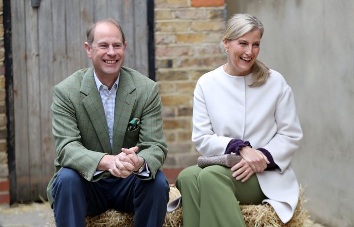 Prince Edward and Sophie, Countess of Wessex smile during a visit to see Vauxhall City Farm's community engagement and educat