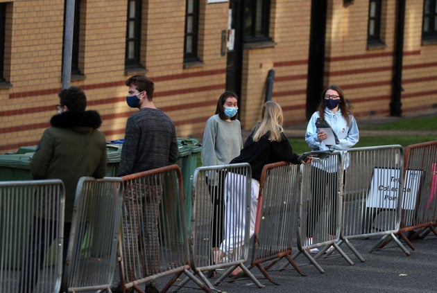 Glasgow University students queuing at a pop-up test centre