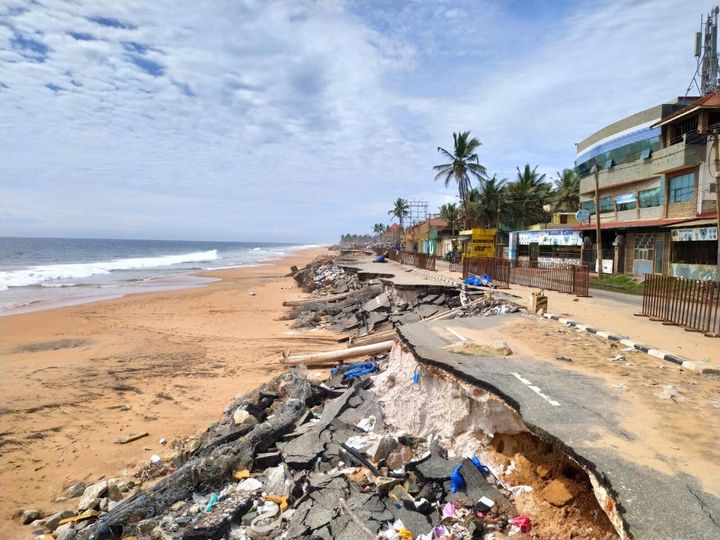 The current state of the lone road that connects the domestic terminal of Thiruvananthapuram airport with the city. The view is from Shangumukham beach.