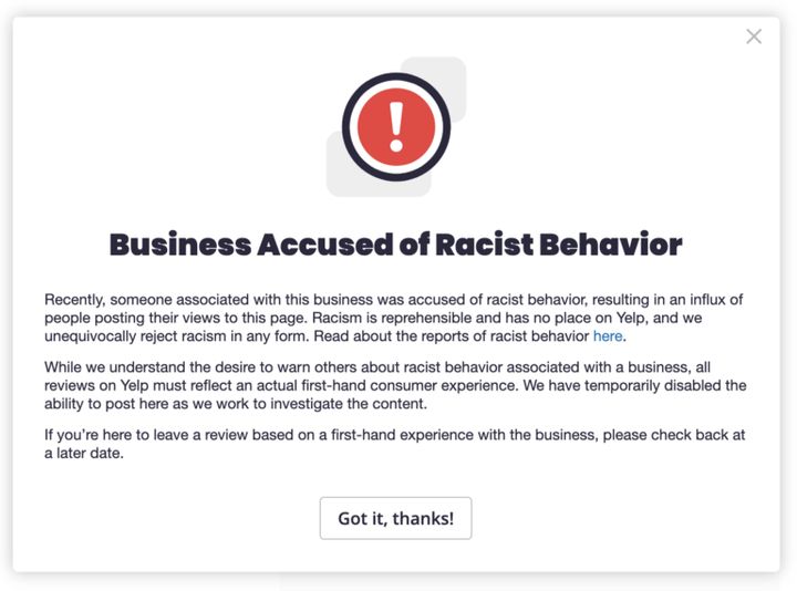 Yelp's alert for restaurants accused of racist behaviour, as shown on the app's blog.