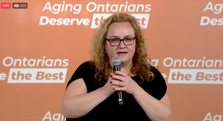 Cathy Parkes, whose father died after contracting COVID-19 at a Pickering, Ont. nursing home, speaks at an event with the Ontario NDP Oct. 9, 2020.