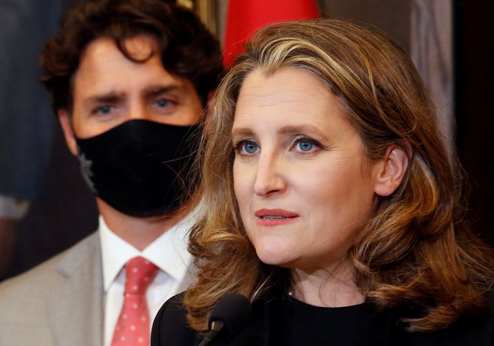 Deputy Prime Minister and Finance Minister Chrystia Freeland speaks to reporters next to Prime Minister Justin Trudeau on Parliament Hill in Ottawa, Ont., Aug. 18, 2020. Freeland has announced a new rent support program for businesses.