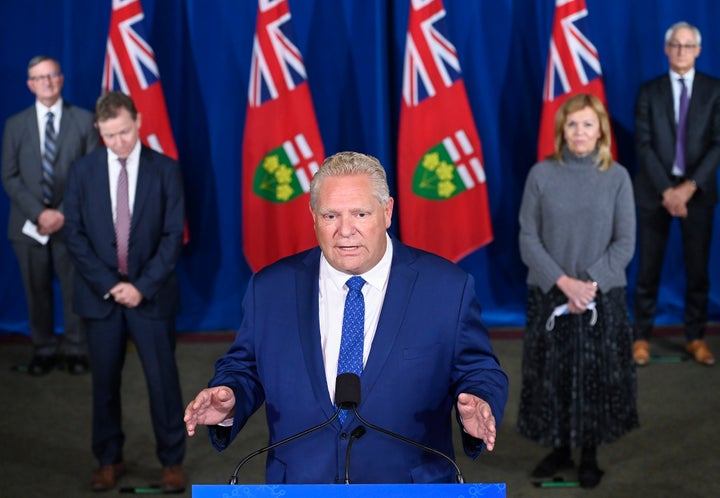 Ontario Premier Doug Ford and his medical team hold a press conference regarding new pandemic restrictions, at Queen's Park, Toronto, Ont., Oct. 2, 2020.