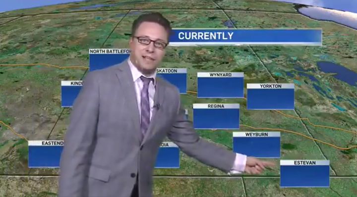 CTV Regina weather anchor Warren Dean gestures at an empty map. 
