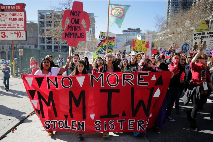 Activists march for missing and murdered Indigenous women at the Women's March on Jan. 19, 2019, in Los Angeles.
