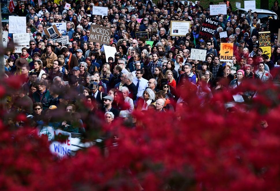 People protesting against Trump gather near the Tree of Life Congregation on Oct. 30, 2018, in Pittsburgh.