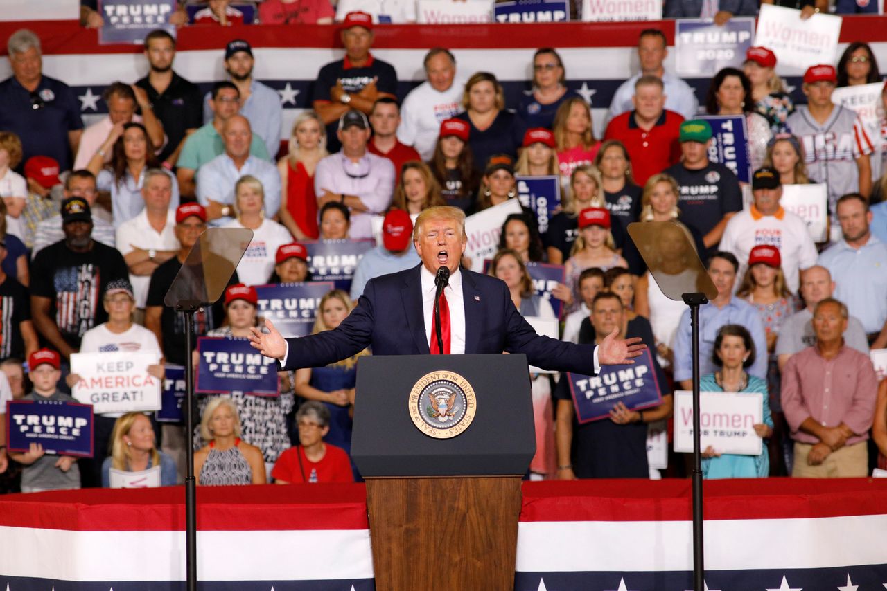 Trump speaks about U.S. Rep. Ilhan Omar, and the crowd responds with "send her back" at a "Keep America Great" campaign rally in Greenville, North Carolina, in July 2019.