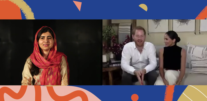 Malala Yousafzai chatting with Prince Harry and Meghan Markle for International Day of the Girl.