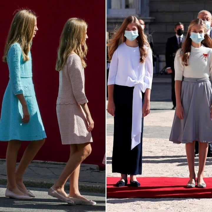 La princesa Leonor y la infanta Sofía, el 12 de octubre de 2019 y 2020.