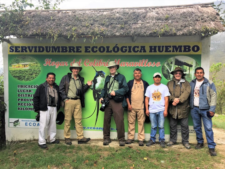 Constantino Aucca (left) with Santos Montenegro (third from right), other ECOAN staff, and donors from American Bird Conservancy at Huembo reserve in 2018.