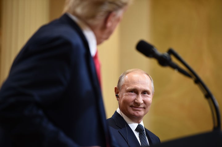 U.S. President Donald Trump and Russia's President Vladimir Putin at what became an <a href="https://www.npr.org/2018/07/17/629601233/trumps-helsinki-bow-to-putin-leaves-world-wondering-whats-up" target="_blank" role="link" data-ylk="subsec:paragraph;itc:0;cpos:__RAPID_INDEX__;pos:__RAPID_SUBINDEX__;elm:context_link">infamous joint press conference</a> in Helsinki on July 16, 2018. Ignoring findings from his own intelligence officials, Trump accepted Putin's denial of Russian interference in the 2016 U.S. election.