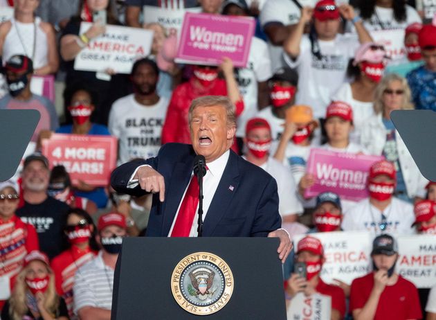 epa08739383 US President Donald J. Trump speaks during his Make America Great Again campaign rally at...