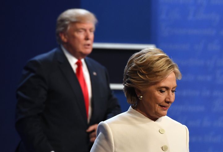 Hillary Clinton and Donald Trump after the final presidential debate during the 2016 US election. 