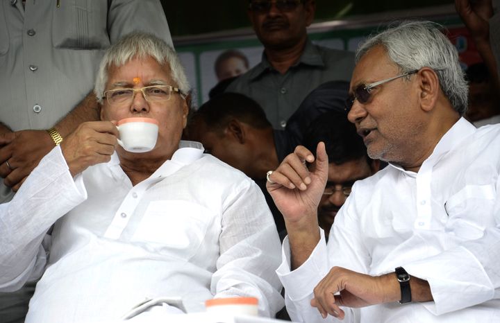 Lalu Prasad and Nitish Kumar at a by-election rally on August 11, 2014 in Hajipur, India.