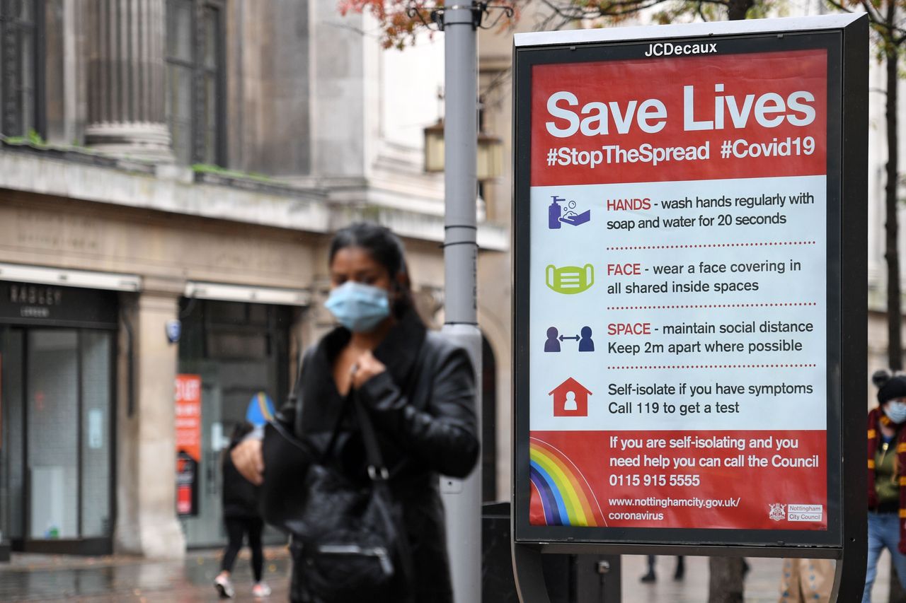 A board displaying information how to restrict the spread of coronavirus in Nottingham