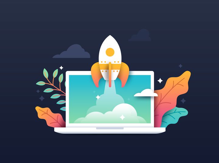 Spaceship rocket taking off from laptop startup development idea process.