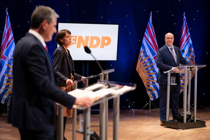 NDP Leader John Horgan, Green Leader Sonia Furstenau and Liberal Leader Andrew Wilkinson debate in Vancouver on Oct. 13, 2020. 