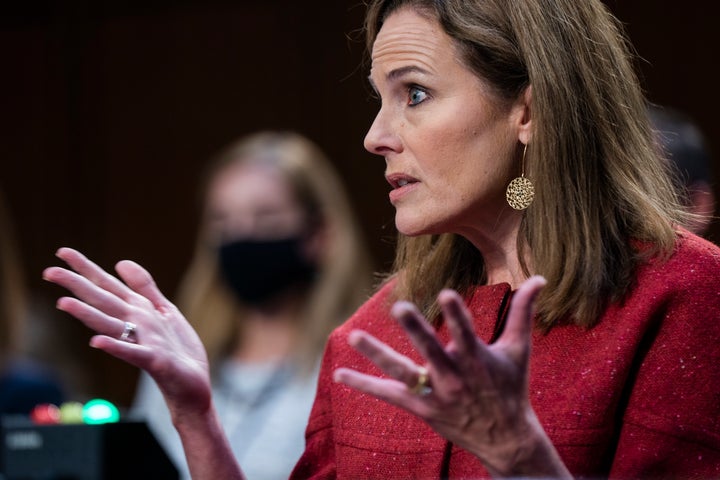Supreme Court nominee Amy Coney Barrett speaks during a confirmation hearing before the Senate Judiciary Committee, Tuesday,