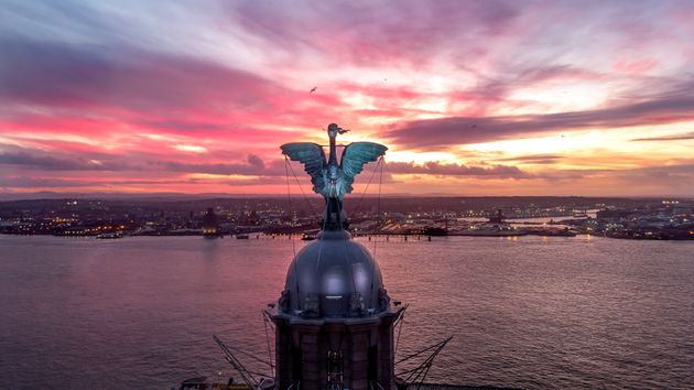 Liverpool liver bird aerial shot taken in the sunset (3 shot bracket)