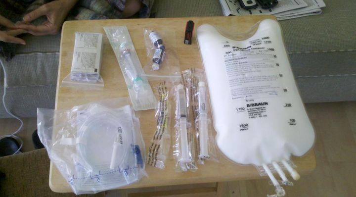 The author's supplies for her peripherally inserted central catheter (PICC) line.