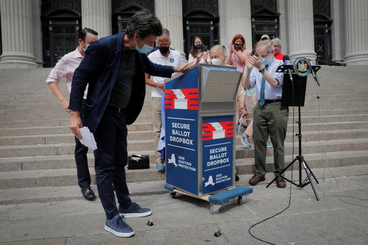 New York State Sen. Brad Hoylman (left) unveils a secure ballot drop box along with other local leaders on Aug. 31 as they rally outside the James A. Farley U.S. Postal Service building for their new legislation that would to allow local Boards of Elections to establish absentee ballot drop box locations across the state.