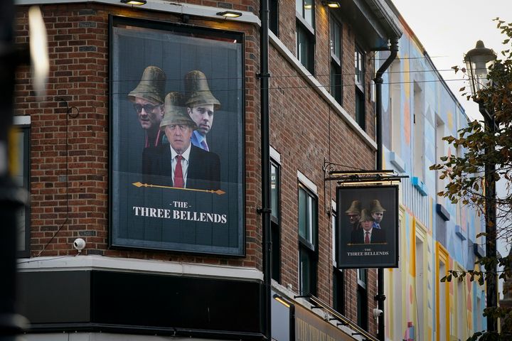 Boris Johnson, Matt Hancock and Dominic Cummings pictured on a sign outside the James Atherton Pub in New Brighton which has been re-named The Three Bellends.