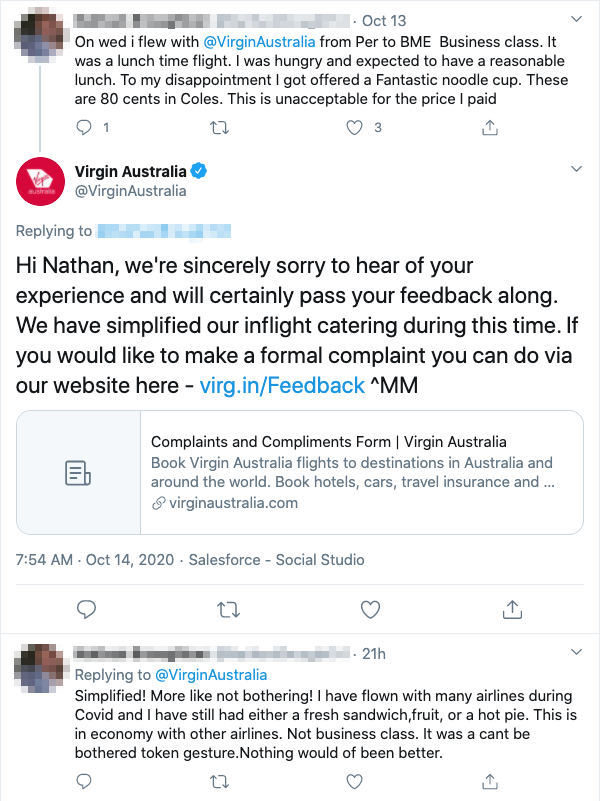 A customer who took a domestic business class flight from Perth to Brisbane branded his Virgin Australia meal as “unacceptable”.
