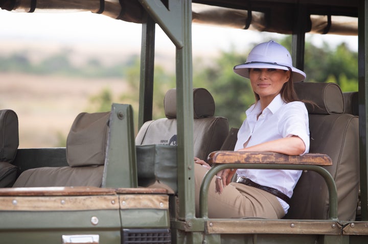 First lady Melania Trump travels in a vehicle while on a safari at The Nairobi National Park in Nairobi on Oct. 5, 2018.