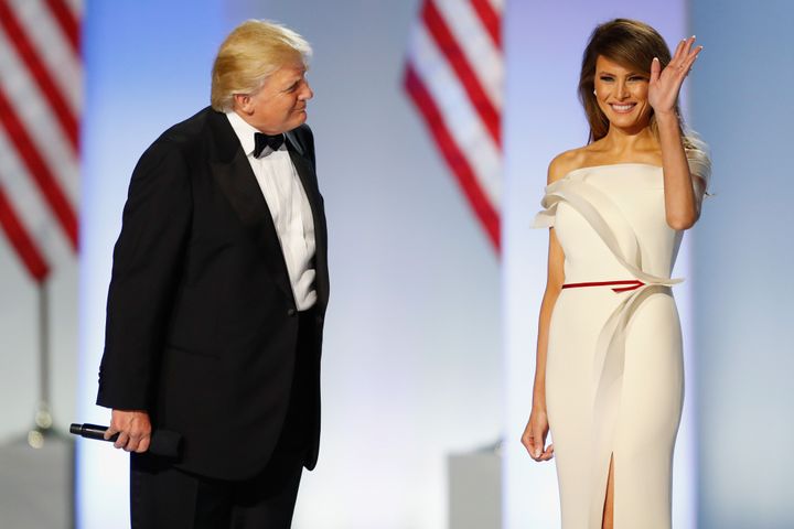 President Donald Trump introduces first lady Melania Trump at the Freedom Inaugural Ball at the Washington Convention Center, Jan. 20, 2017.