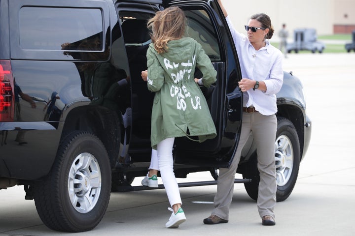 Melania Trump climbs into her motorcade wearing a jacket that says "I Don't Really Care, Do U?" after traveling to Texas to visit facilities that house children taken from their parents at the U.S.-Mexico border June 21, 2018.