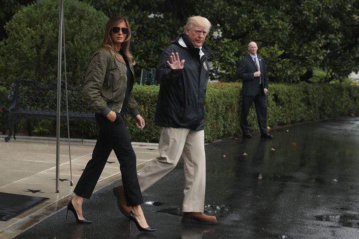Melania Trump wears sky-high heels prior to a Marine One departure from the White House Aug. 29, 2017, to observe the effects of Hurricane Harvey.