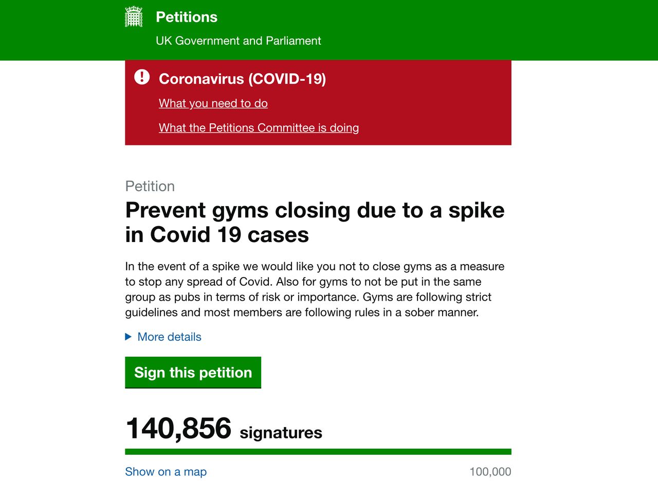 More than 140,000 people have signed a petition calling for gyms in areas with high levels of Covid-19 to be allowed to remain open 
