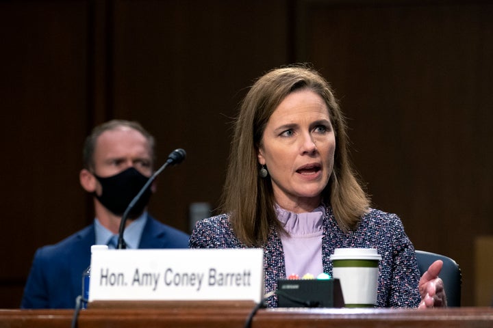 Supreme Court nominee Amy Coney Barrett testifies during the third day of her confirmation hearings before the Senate Judiciary Committee on Capitol Hill in Washington, Wednesday, Oct. 14, 2020. (Stefani Reynolds/Pool via AP)