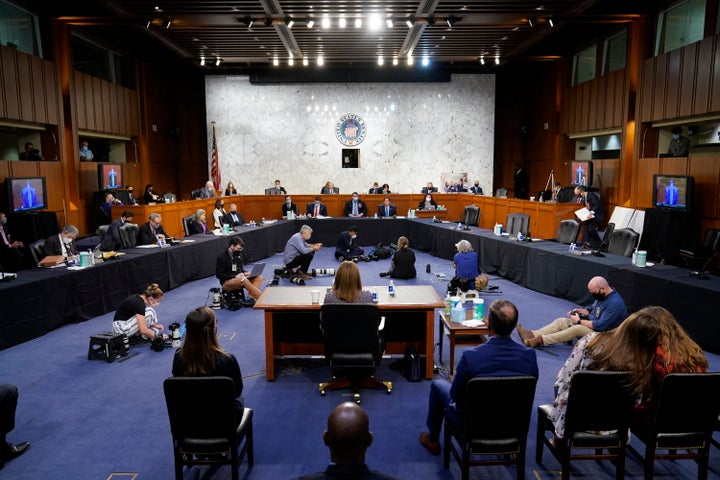 Supreme Court nominee Amy Coney Barrett attends her confirmation hearing before the Senate Judiciary Committee, Wednesday, Oct. 14, 2020, on Capitol Hill in Washington. (AP Photo/Patrick Semansky, Pool)