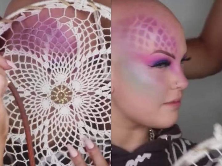 Screenshots of Emmy Combs' tutorial, showing Combs using a dream catcher for a "fish scale" effect on her forehead.