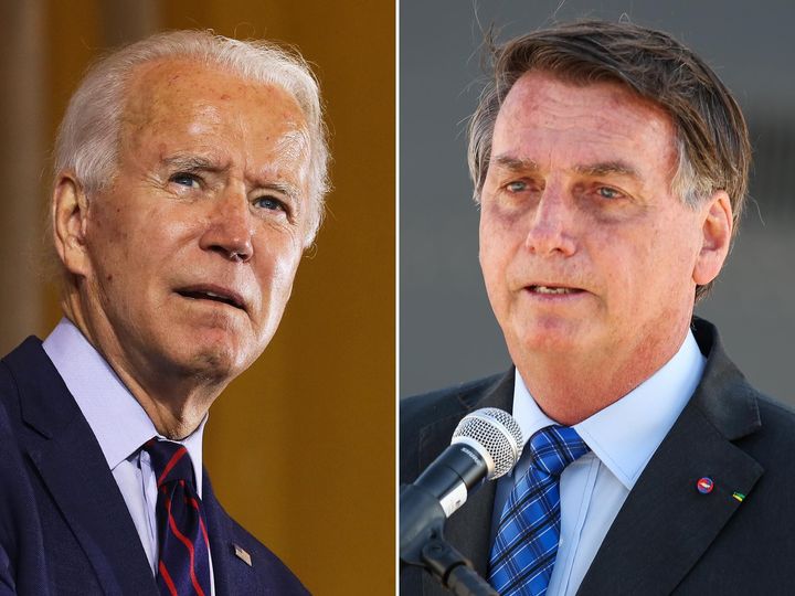 Brazilian President Jair Bolsonaro (right) rejected Democratic presidential nominee Joe Biden's pledge to raise $20 billion in international funds to help Brazil protect the Amazon rainforest, which has suffered record outbreaks of fires over the last two years.