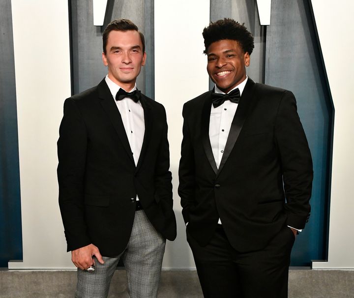 Jerry Harris (R) attends the 2020 Vanity Fair Oscar Party on Feb. 9 in Beverly Hills. 