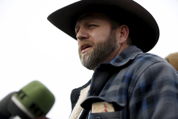 Ammon Bundy addresses the media at the Malheur National Wildlife Refuge near Burns, Oregon in January 2016, after a group of anti-government militia members took over the refuge headquarters. A copy of the annotated U.S. constitution, published by the religious group National Center for Constitutional Studies, can be seen in his jacket pocket.